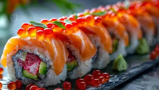 Fresh salmon sushi roll from a top Japanese restaurant in Edmonton, topped with roe and vibrant flavor.