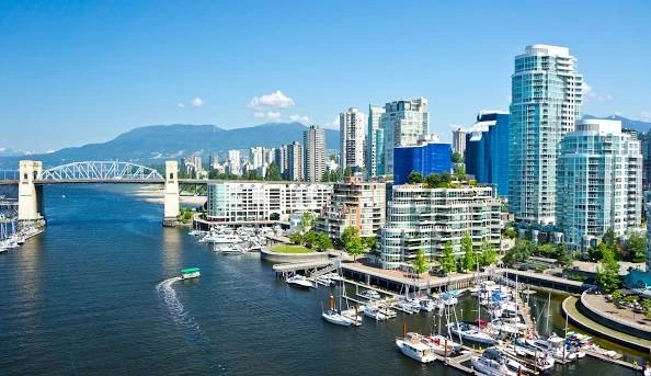 Vancouver waterfront shines in summer with yachts, sleek towers, and Burrard Bridge beneath a clear blue sky.