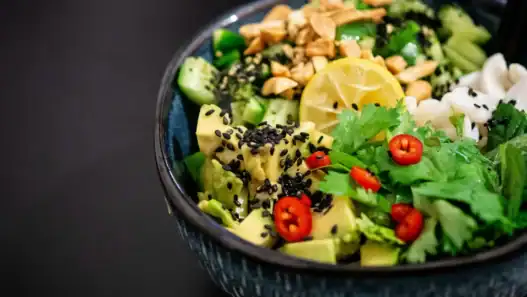 Colorful vegan bowl served at a restaurant in Calgary, featuring fresh vegetables and plant-based toppings.